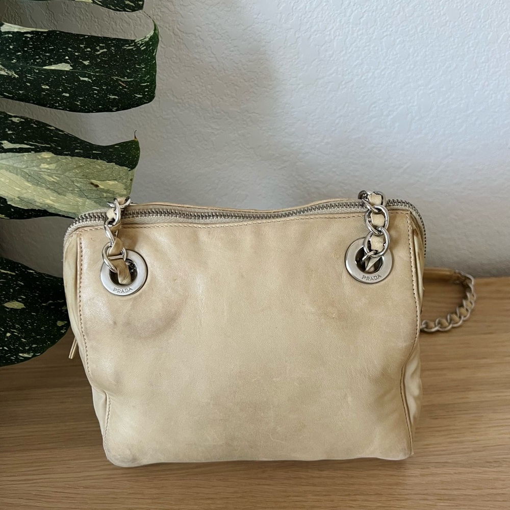 Vintage Prada Chain Shoulder Bag Leather Beige Authentic - Picture 3 of 16